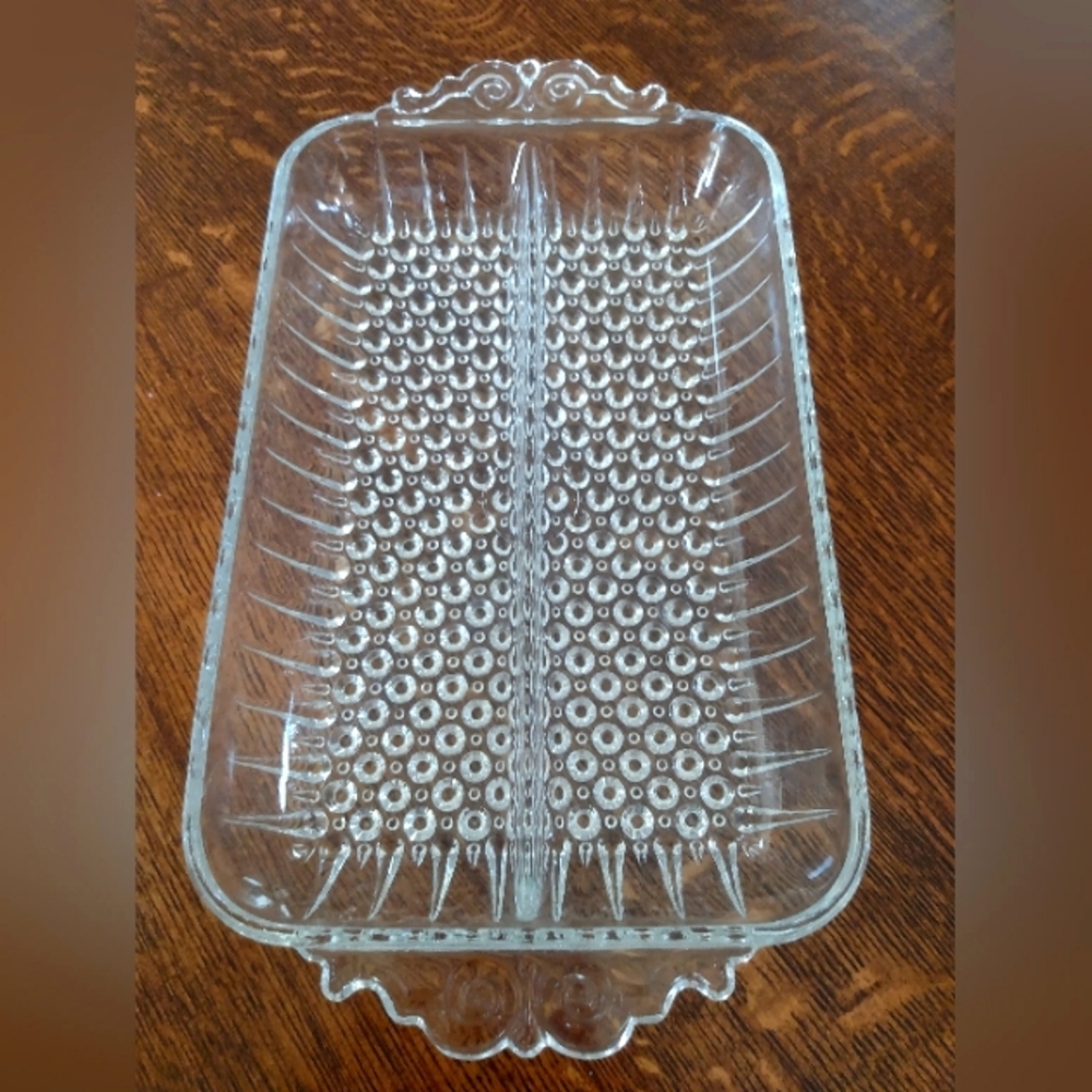 Hobnail Clear Glass Rectangular Divided Serving Tray, Jewelry or Makeup Caddy